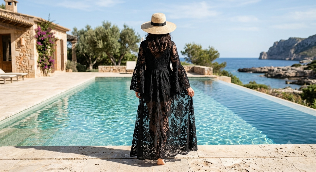 Kaftán de Encaje Playa Mujer - Cover Up Boho Transparente