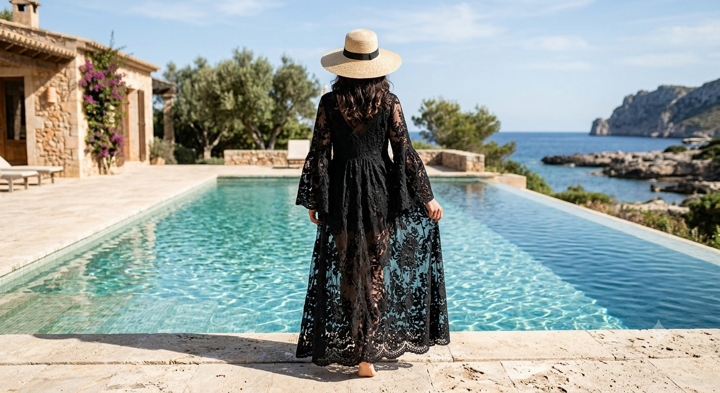 Kaftán de Encaje Playa Mujer - Cover Up Boho Transparente