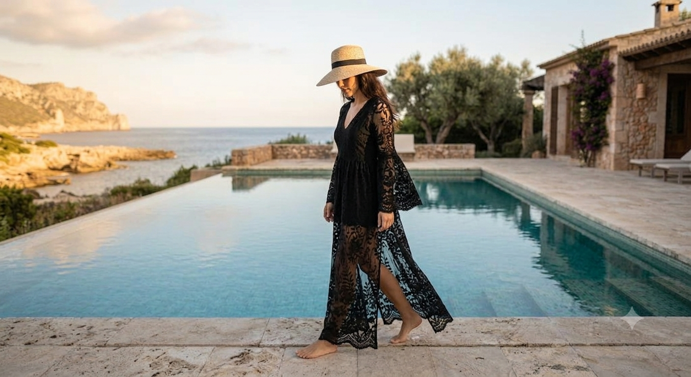 Kaftán de Encaje Playa Mujer - Cover Up Boho Transparente